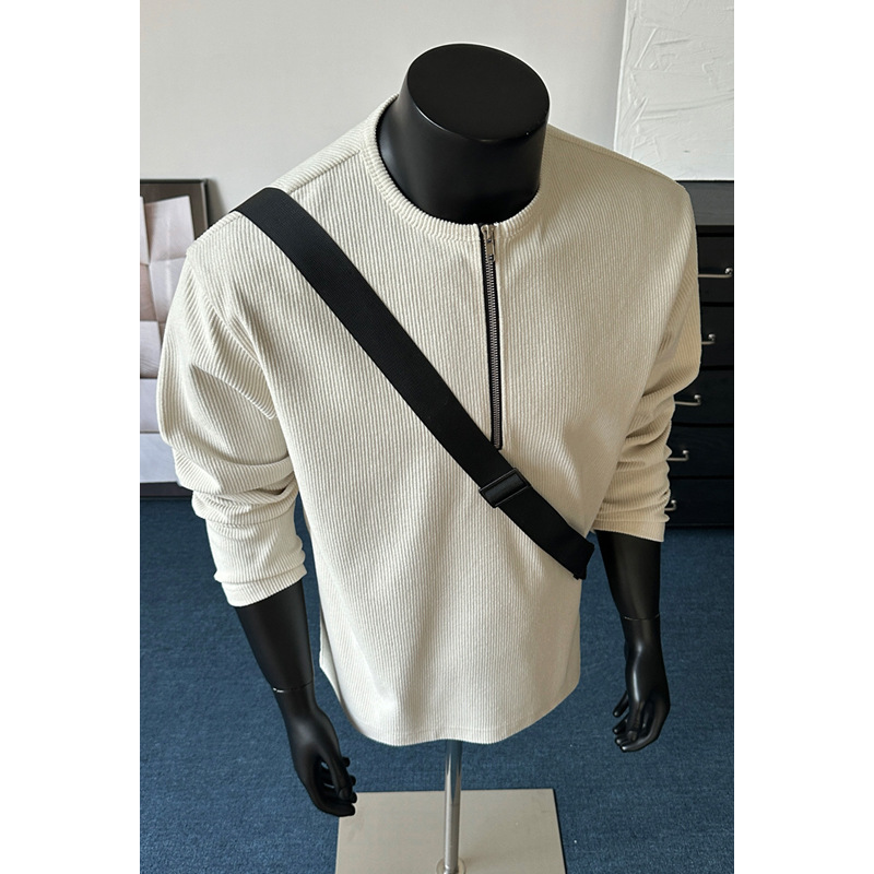 T-shirt con mezza zip in stile americano e colletto Henley per uomo e donna, in velluto a coste, ideale per primavera e autunno, modello Cleanfit a maniche lunghe._voghion.com