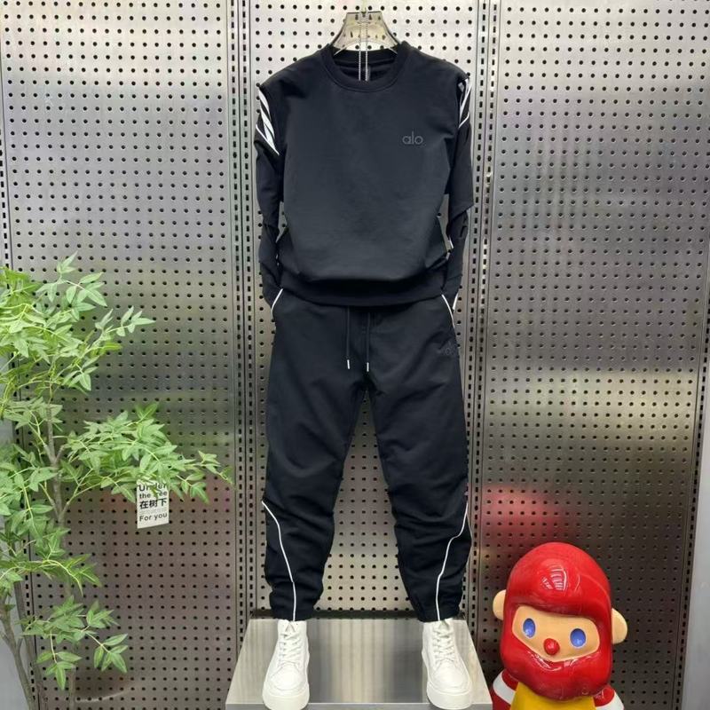 网红圆领宽松显瘦两件套秋季新款运动休闲一整套潮男条纹拼接套装|undefined