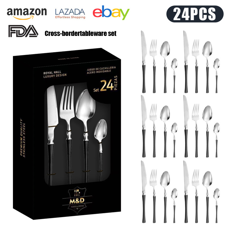 Cross-border Venta caliente de acero inoxidable vajilla traje caja de regalo cuchillo y tenedor conjunto de 24 piezas 6-Persona occidental vajilla cuchillo de carne cuchara de oro