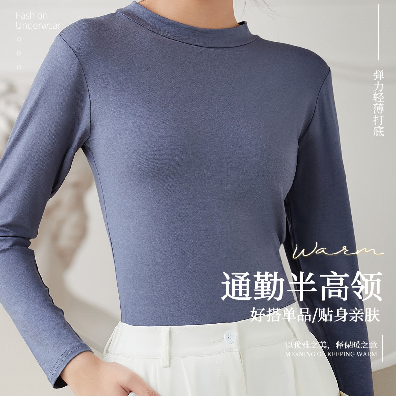 Modal medio cuello alto manga larga que basa la camisa para las mujeres otoño e invierno nuevo estilo coreano camiseta delgada suelta más tamaño superior image 4