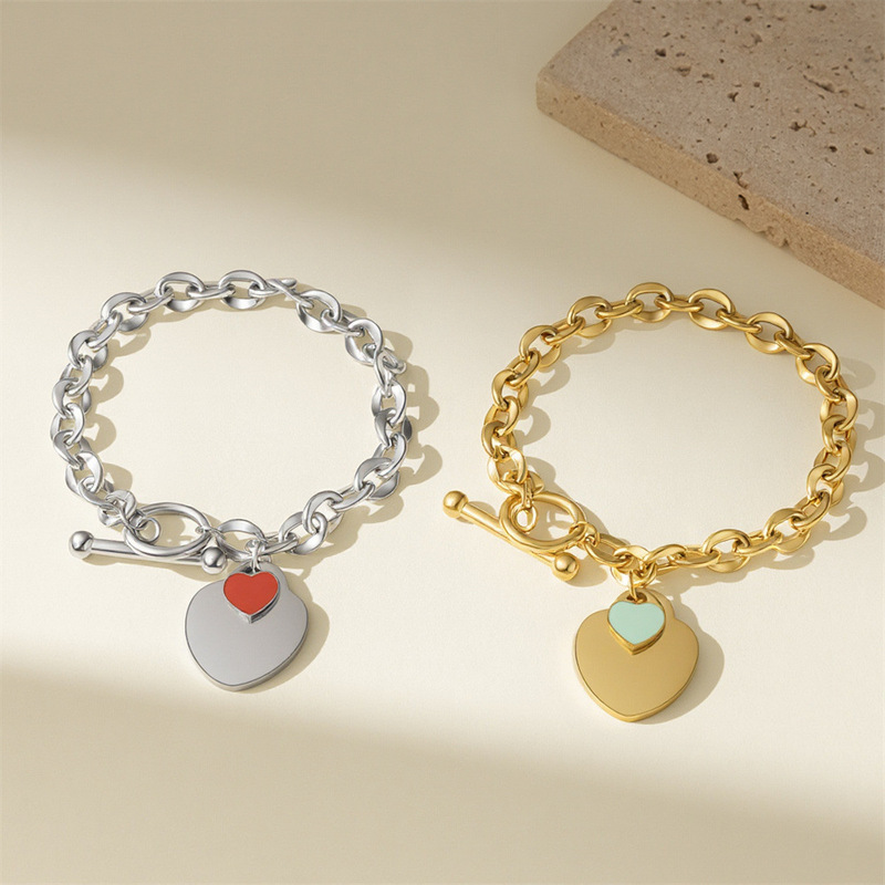 European and American Cross-Border Products Interlocking Heart Bracelets Titanium Steel Beaded Enamel Heart-Shaped Bracelets Wholesale