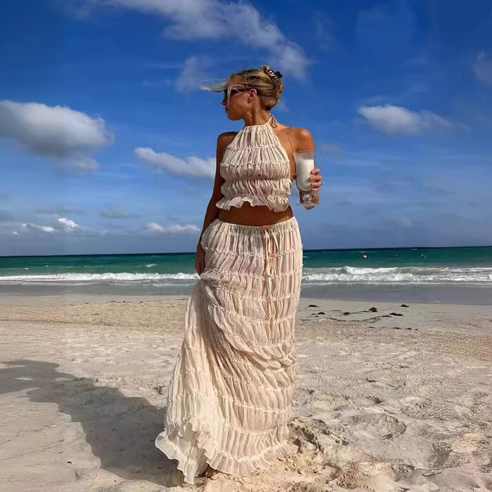 2024 Spring and Summer New European and American Fashion Sexy Backless Neck Strap Pleated Lace Vest Dress suit