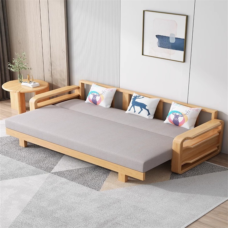Sofá cama de madera maciza plegable Push-Pull de doble uso pequeño apartamento Individual Doble cama telescópica multifuncional sofá de la sala de estar
