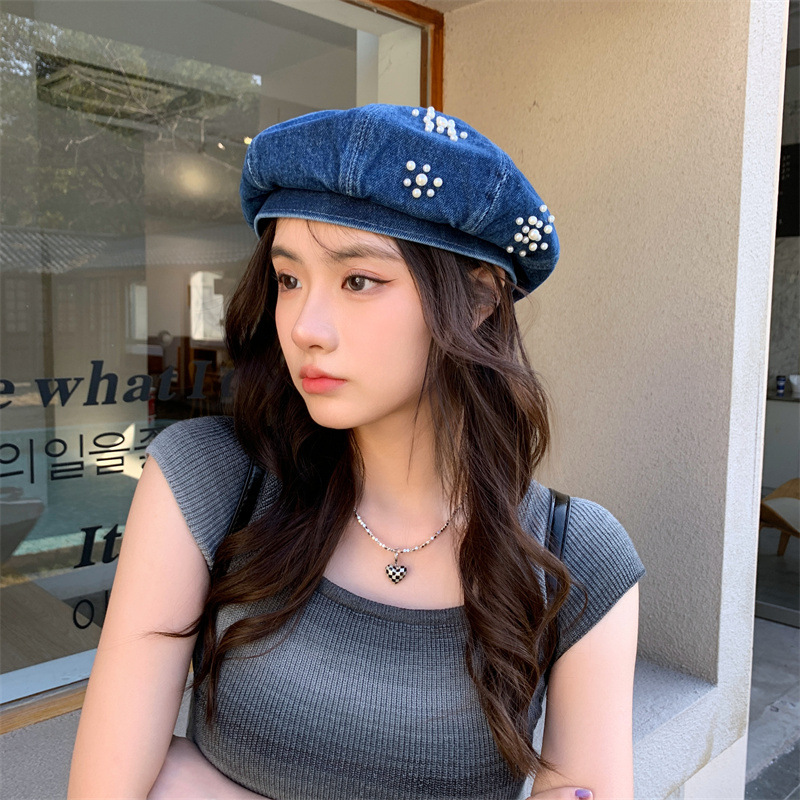 Boina de vaquero coreana para mujeres nuevas cara pequeña gorra pintora primavera y otoño red red inns moda perla decoración brilla