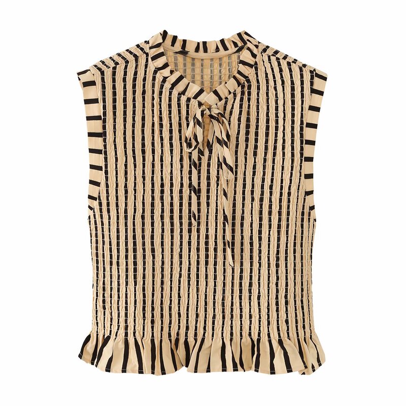 Za Foreign Trade Wholesale European and American Style Women's Clothing Commuting Style Versatile Round Neck Tie Striped Honeycomb Pattern Sleeveless Top