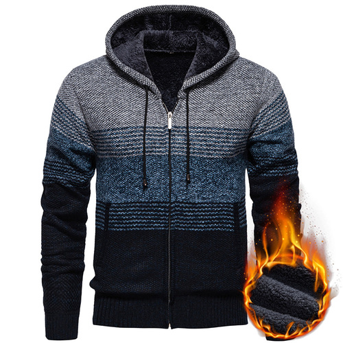 Men's Casual Hooded Knit Sweater, Fashion Contrast Color Fleece Warm Outerwear for Autumn and Winter