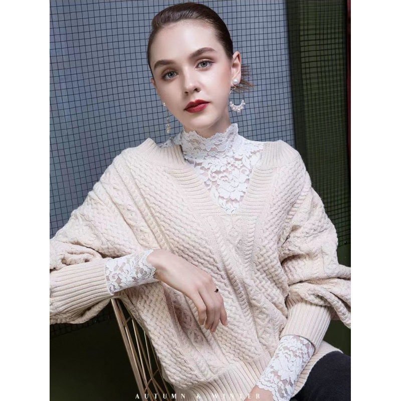 High-Neck Lace Bottoming Shirt for Women, Autumn and Winter New Sexy Mesh Cut Out Crochet Style Top, Slim Long Sleeves