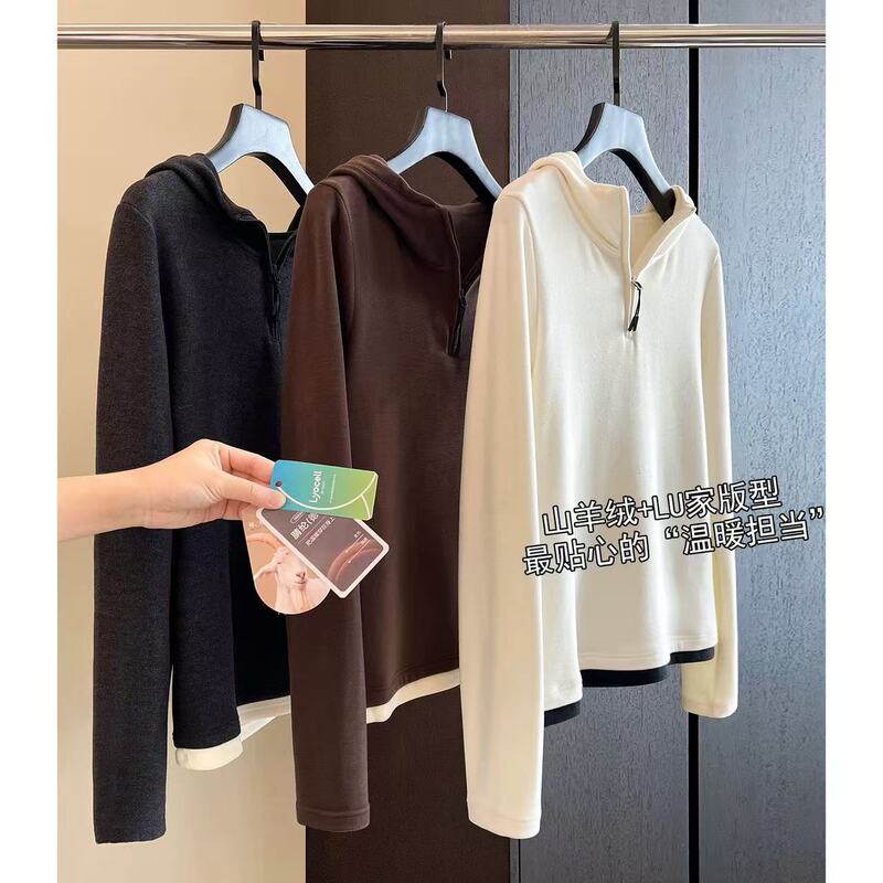 Self-Heating Black Technology Cashmere Half-Zip Hooded Sweatshirt with Bottoming Shirt Fake Two-Piece Top for Women B1016L