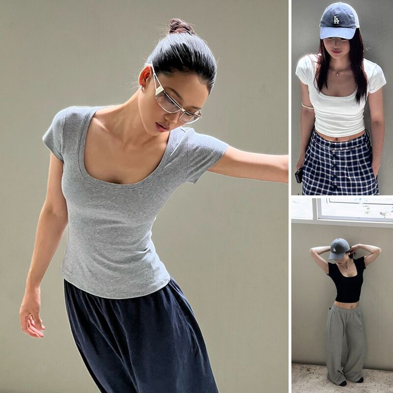 Cotton American-style U-neck Stretch Short-sleeved T-shirt Women's Summer New European and American Slim-fit Slimming Short All-match Solid Color Top Cotton American-style U-neck Stretch Short-sleeved T-shirt Women's Summer New European and American Slim-fit Slimming Short All-match Solid Color Top