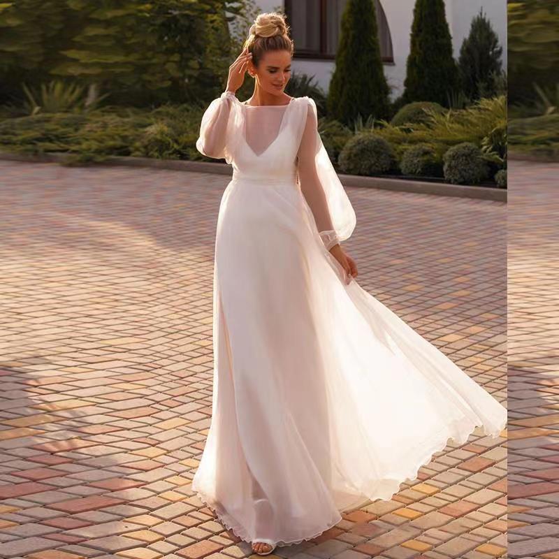 Simple Mori luz vestido de novia 2024 nueva manga larga francés novia Delgado adelgazamiento sin espalda Vestido de manga larga