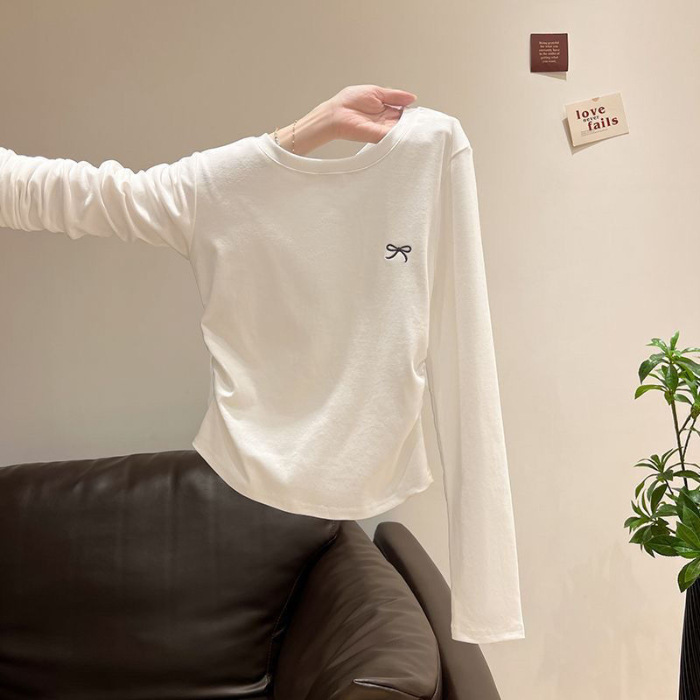 韓国版インカジュアル秋薄いホットガールスリム長袖Tシャツレディーススリムホットガールラウンドネックボトリングシャツトップ|undefined