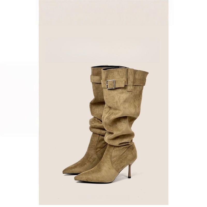 Suede Soft Leather Pointed-Toe Ruched Long High-Heeled Boots, Elegant and Stylish, 2026 New Model, Stacked High Boots with Thin Heels
