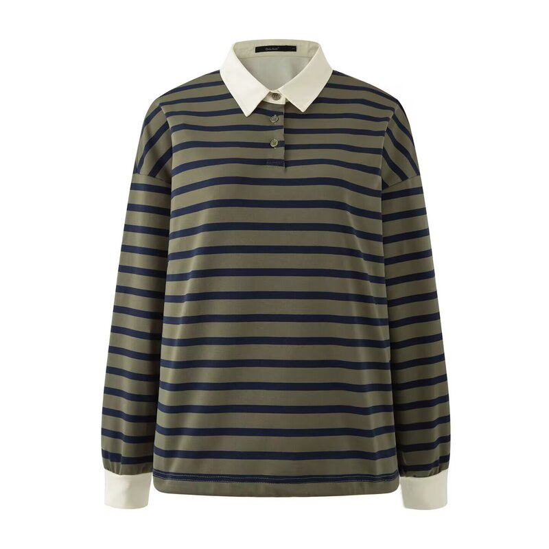 Atmospheric Idol Sana-Style Nakazaki Saya Green Striped Sweatshirt Loose Polo Shirt Women's Trendy Top