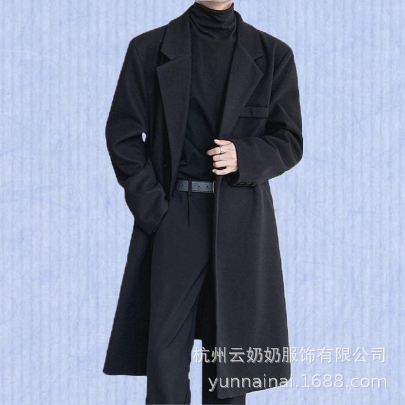 Designed Coat for Men, Casual Trench Coat, Korean Style Loose Mid-Length Over-The-Knee Coat, Autumn and Winter Youth Woolen Outerwear