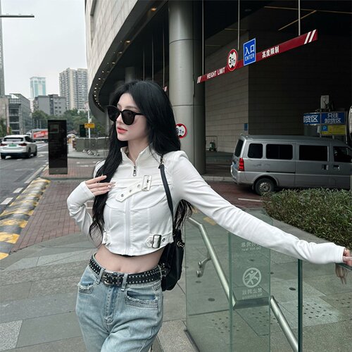 Metal fastener strap long sleeve women's turtleneck sweet cool niche spring and autumn season spicy girl open jacket zipper 2025