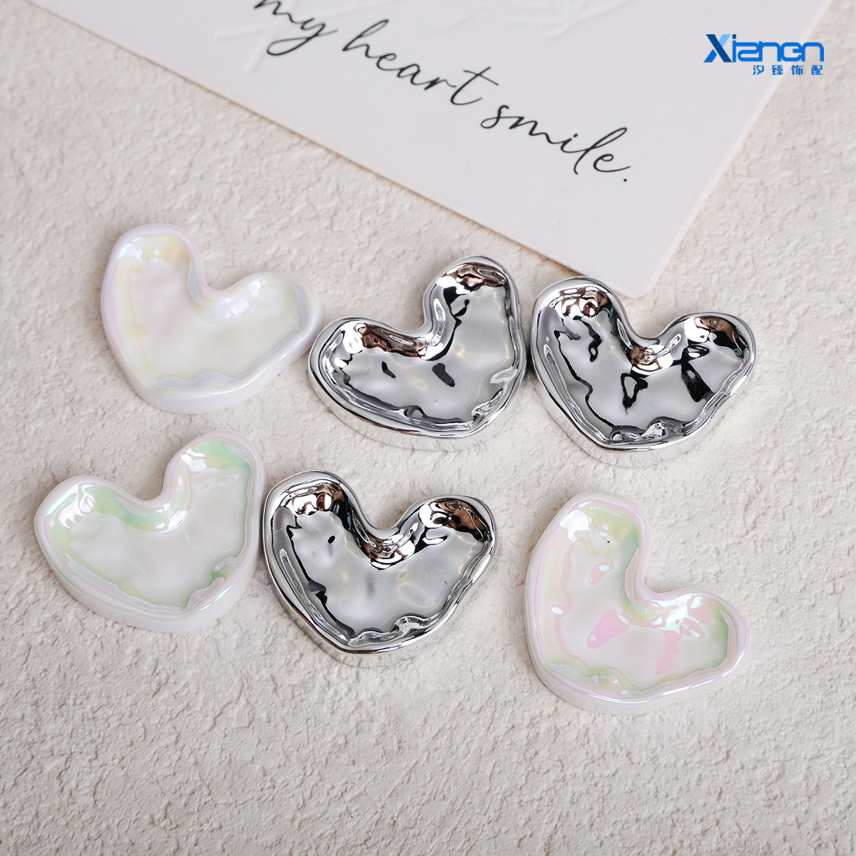 电镀炫彩珠光皱皮镭射扭爱心桃心贴片亚克力配件diy手机壳材料