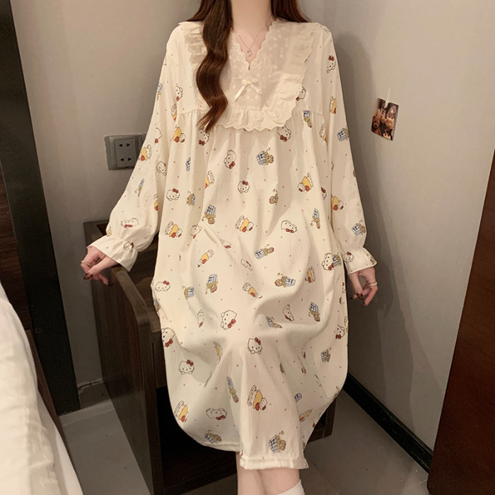 2025 pijama de otoño mujer delgado tejido pijama nubes de algodón de encaje dulce princesa vestido de vestir al por mayor