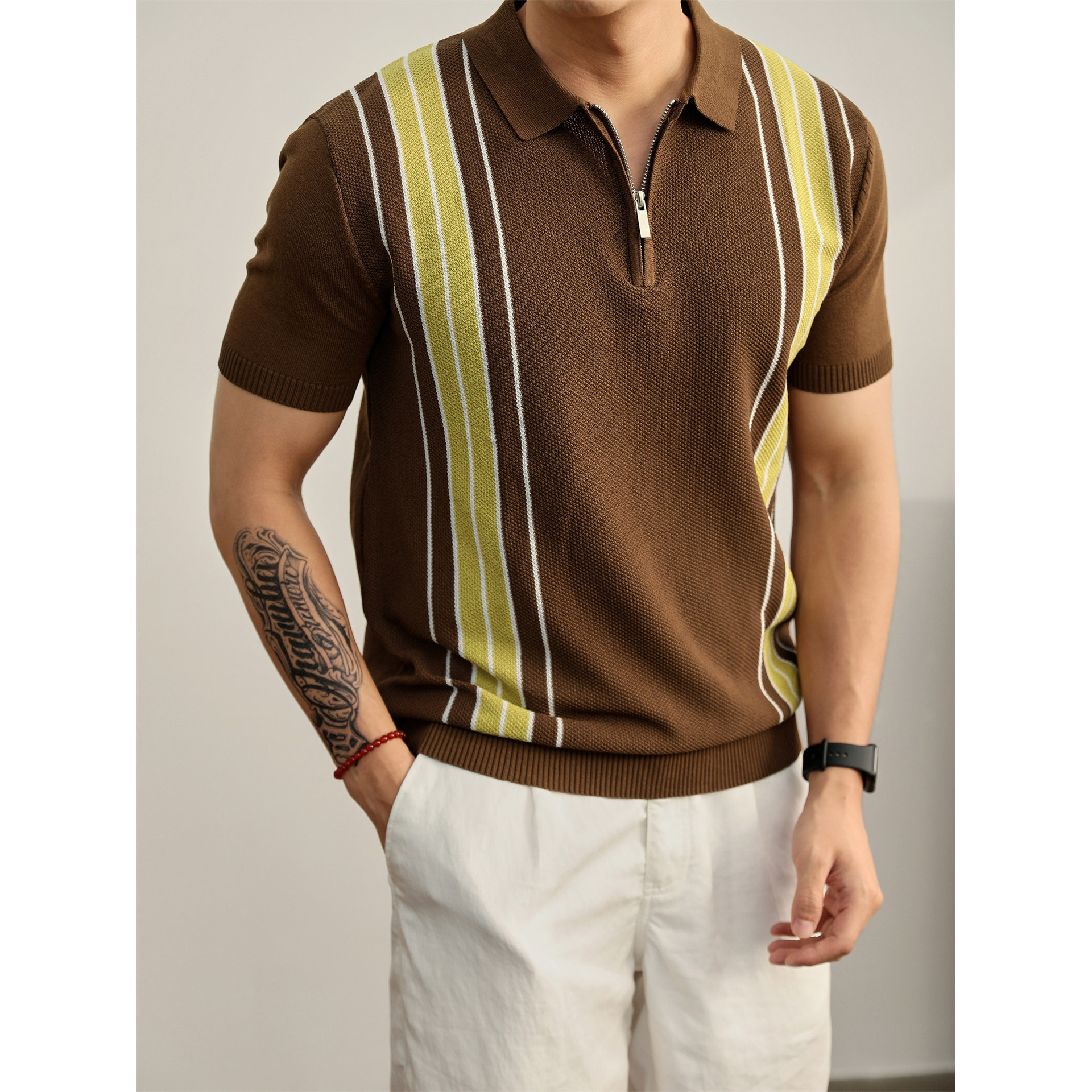 Polo camiseta de punto camiseta de manga corta hombre solapa media cremallera rayas viejas camiseta de viento de verano transfronterizo transpirable fábrica al por mayor t