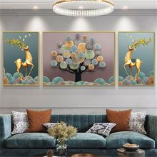 吉祥麋鹿客厅装饰画沙发背景墙面三联画招财风水挂画油画卧室壁画
