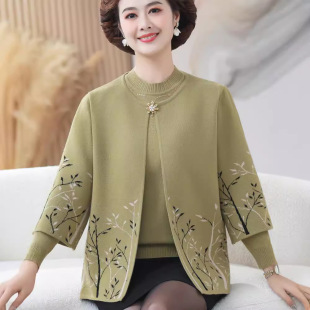 Foreign-style mother autumn knitted two-piece set 2024 middle-aged women's top middle-aged women's autumn cardigan coat
