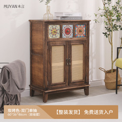 Antique-style wall-mounted storage cabinet for living room, modern Chinese solid wood sideboard with rattan cabinets, home-use tea and water cabinet