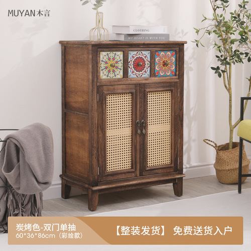 Antique-style wall-mounted storage cabinet for living room, modern Chinese solid wood sideboard with rattan cabinets, home-use tea and water cabinet