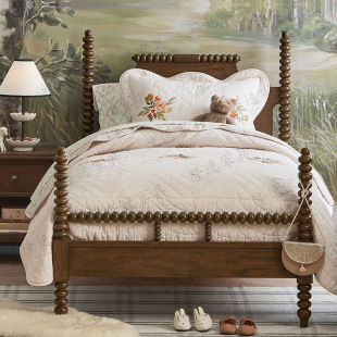 American Solid Wood Crib Walnut Color Retro Guardrail Bed Adjustable French Children's Bed Medieval Cream