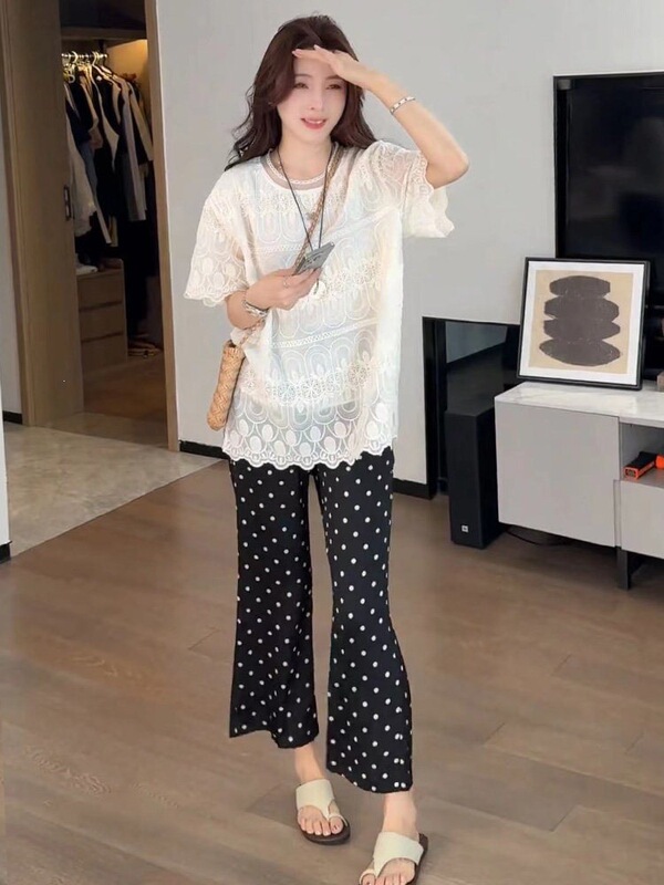 European-Style Lace Short-Sleeved Shirt + Polka-Dot Flared Pants Set for Women, New Summer Style, Loose and Slimming Two-Piece Set