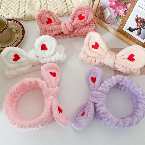 Manufacturer direct sales plush heart embroidery hair tie for women face washing toiletry hair tie exercise yoga headband wholesale