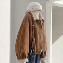 2025新款两面穿咖色仿麂皮绒外套女冬季感网红羊羔毛上衣