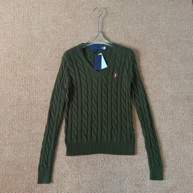 [Original label, scan code available] Ralph Lauren V-neck knit sweater, cable-knit sweater for women, olive green, long sleeves