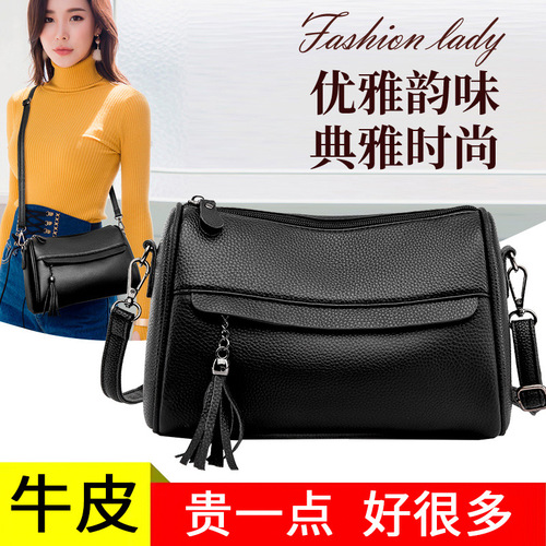 源头厂家头层牛皮包包女新款百搭真皮枕头包中年时尚单肩包斜挎包