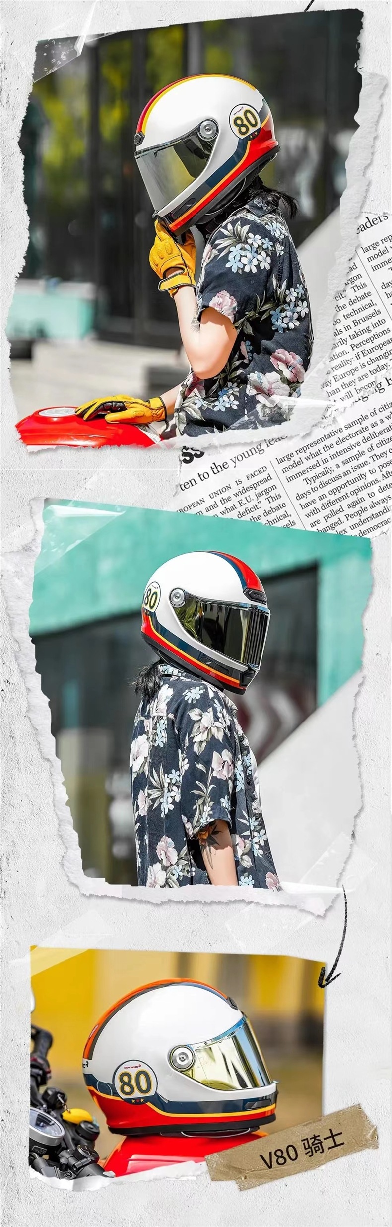 Rymic Retro Cruise Full-Face Motorcycle Helmet Men's and Women's Motorcycle All-Season Safety Helmet Bluetooth Slot 3C Certification