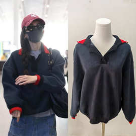 现货古力娜扎明星同款撞色polo翻领毛绒卫衣女秋冬宽松慵懒风上衣