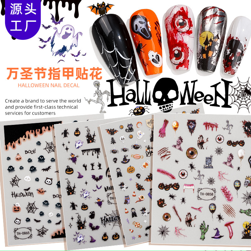 Zhengxiang Cross-Border Export Luminous Halloween Nail Art Stickers Amazon Dark Nail Stickers Ghost Skull Nail Art Stickers