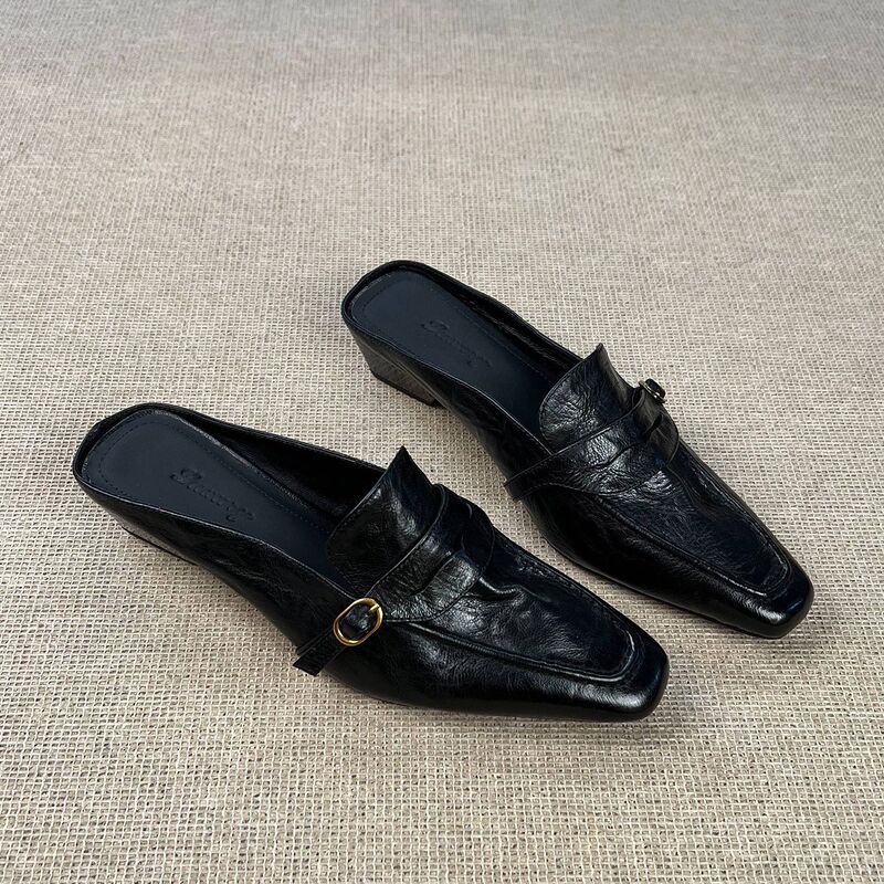Soft Leather Ultra-Comfortable Square-Toe Slip-On Mules for Women with Chunky Heels, Lazy Slip-On Mules for Commuting, Stylish Sandals Soft Leather Ultra-Comfortable Square-Toe Slip-On Mules for Women with Chunky Heels, Lazy Slip-On Mules for Commuting, Stylish Sandals