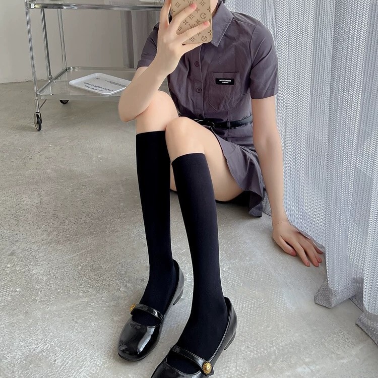 Summer Thin Velvet Jk Japanese Style Calf Socks for Women, Black Slimming Micro-Pressure Over-The-Knee Socks, Mid-Tube Slimming Stockings