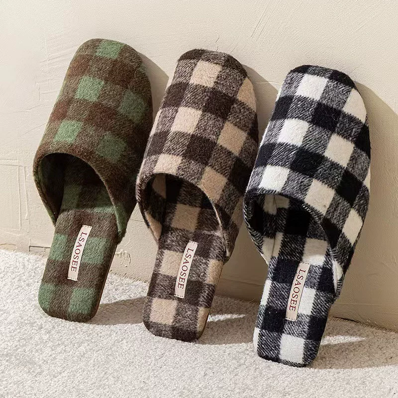 Хлопковые тапочки Liang, домашние тапочки, женские домашние Нескользящие тапочки в шахматную клетку, мужские, осенне-зимние, дышащие парные, из говядины