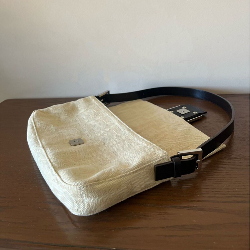 Vintage cream baguette bag, tree leather, off-white canvas underarm bag, simple shoulder and crossbody bag, brown casual bag