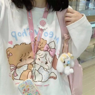 Cotton Long-sleeved Base Shirt Cartoon Cute Printed Back Bag Collar T-shirt Women's Design Sense oversize Korean Style Top