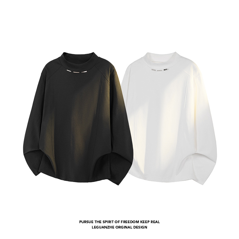 Camiseta masculina de manga comprida estilo americano desconstruído, modelagem cleanfit de primavera, elegante e casual, tamanho grande com caimento solto._voghion.com