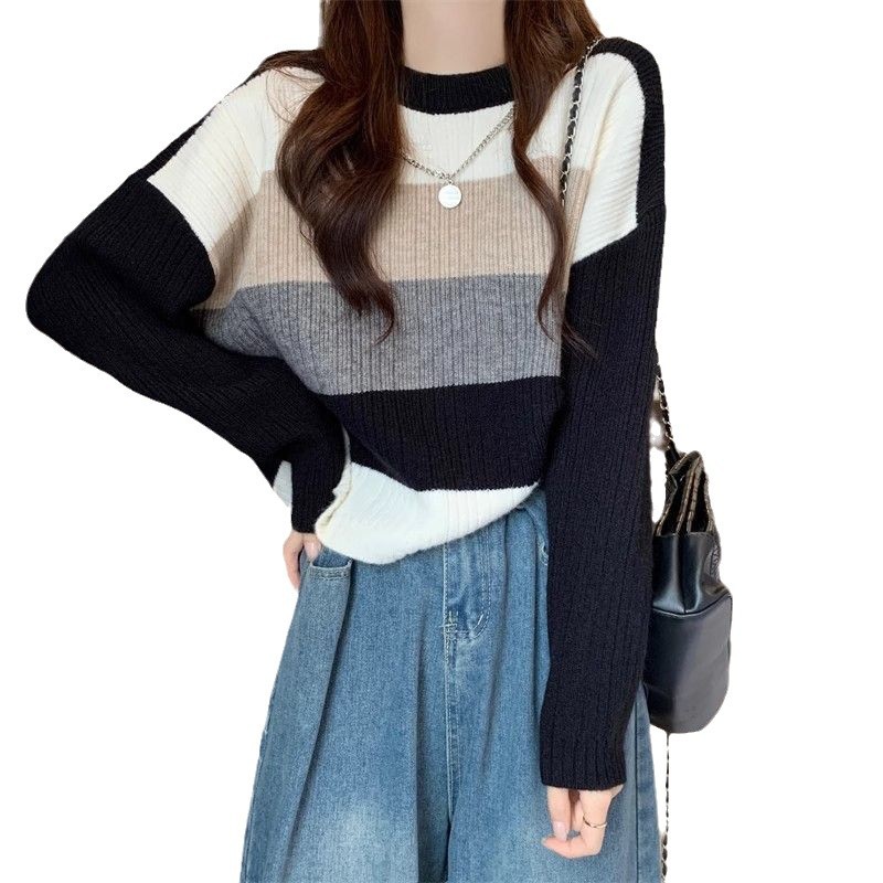 【 Cashmere Family】 Maglione corto a girocollo in lana da donna, a righe, morbido e spesso, con strato interno in maglia_voghion.com