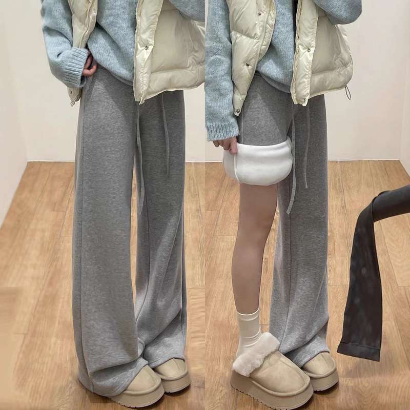 Gray Fleece-Lined Air Pants for Women, New Winter High-Waisted Slimming Straight Wide-Leg Pants, Thick Cashmere Sports Sweatpants Gray Fleece-Lined Air Pants for Women, New Winter High-Waisted Slimming Straight Wide-Leg Pants, Thick Cashmere Sports Sweatpants