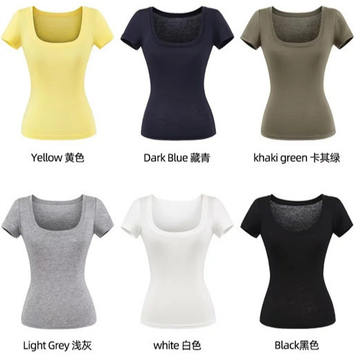 Slightly See-Through Large U-Neck Tight-Fitting T-Shirt for Women in Summer, Versatile Slimming Look Yoga Sports Casual Short-Sleeved Top