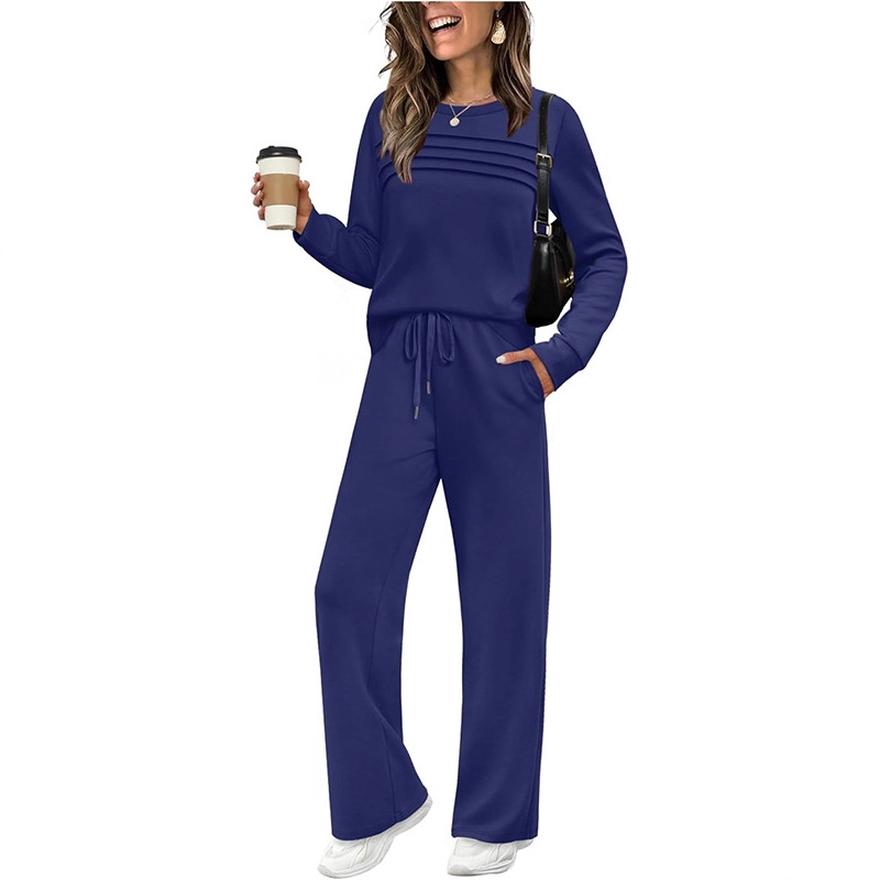 Women's Autumnal European American Style Long Sleeve Round Neck Top And Wide Leg Pants Set Casual Elastic Waist_ecoleips.com