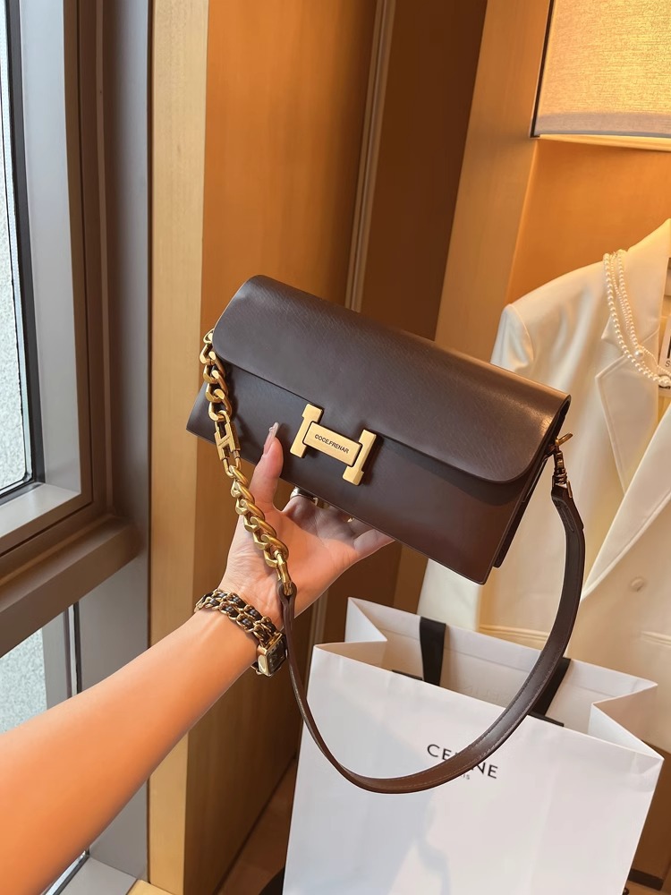 Túi đeo chéo nữ dáng baguette retro sang trọng, quai xích, phong cách thời thượng — Màu đen, Màu đỏ gốm, Màu mơ than chì, Ánh trăng trắng chi tiết 9