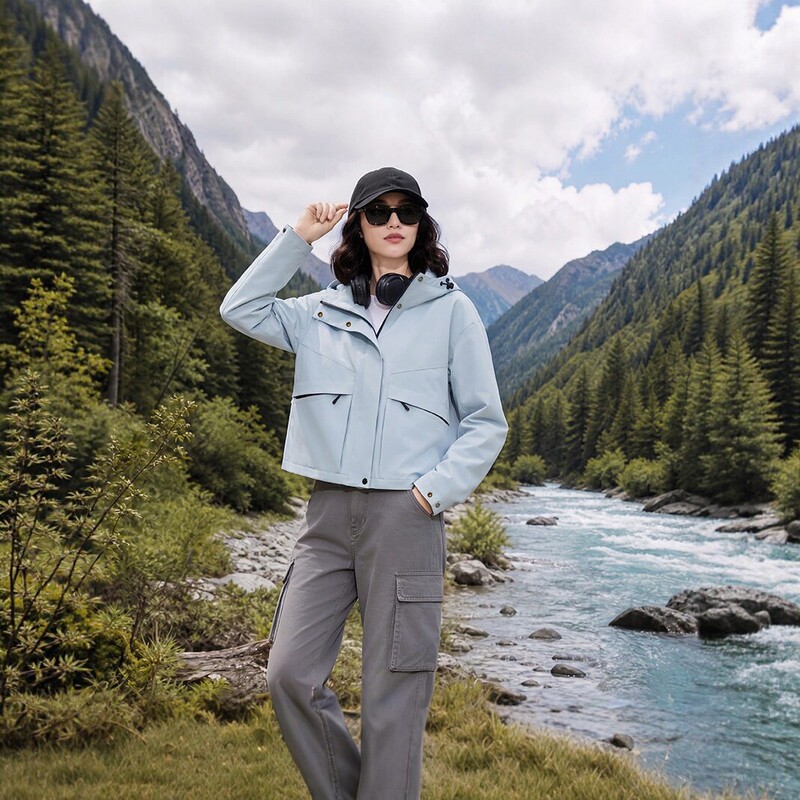 2026 new short windbreaker for women, outdoor windproof and waterproof hooded jacket, loose-fitting and slimming hiking jacket