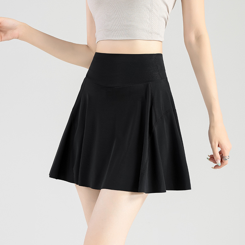 Black Short A-Line Skirt, Anti-Exposure, Summer Thin Fake Two-Piece High-Waisted Slimming Yoga Fitness Tennis Skirt