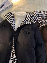 棋盘格棉衣外套男冬季复古夹棉加厚宽松面包服小众百搭设计感棉服