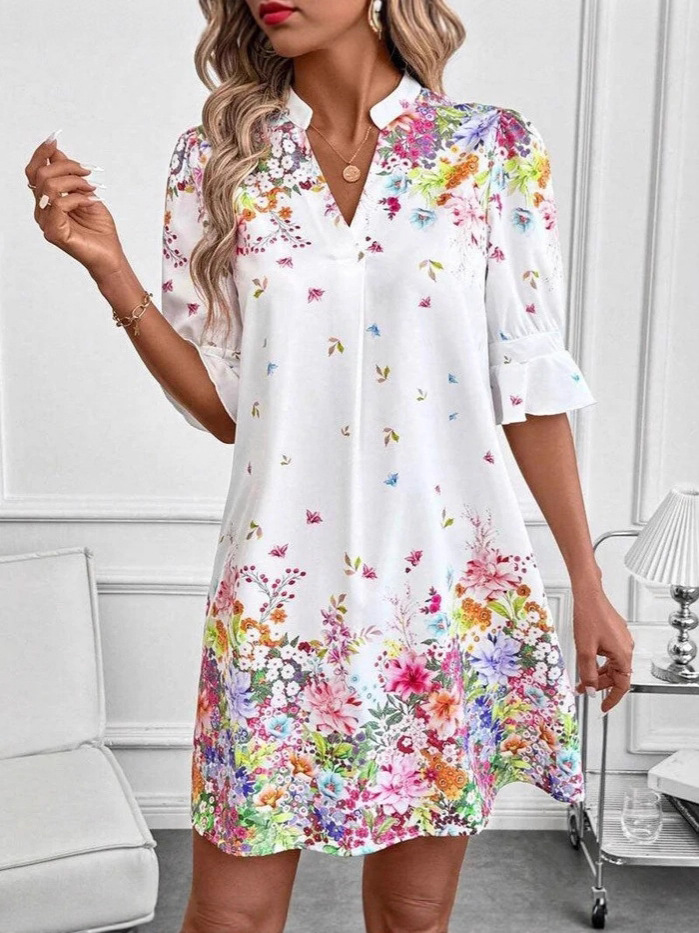 2025 European and American Clothing Amazon Independent Station Digital Printing Mid-Sleeve V Neck Printed Shirt Dress Floral